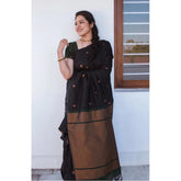 Women's Litchi silk Printed Saree With Unstitched Blouse (Black)